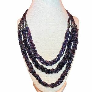 Vintage Three Tiered Braided Purple Glass &‎ Onyx Beaded Statement Necklace